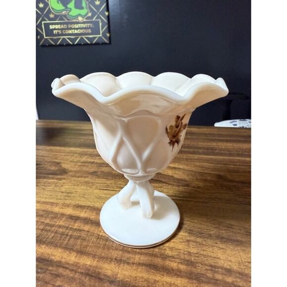Vintage 1980 Westmoreland Almond Peach Milk Glass Ruffled Pedestal Candy Dish 5" - Picture 2 of 6